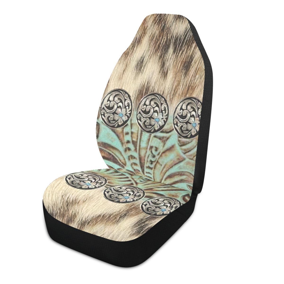 LONSANT Western Car Seat Covers Set of 2,Rustic Brown Beige Teal Western Country Cowboy Tooled Leather Universal Auto Front Seat