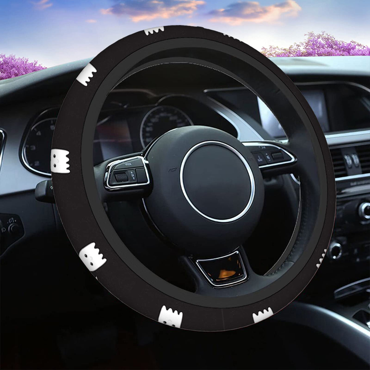 Swono Halloween Ghost Universal 15'' Steering Wheel Covers Cute Ghost With Speech Bubble Boo Black Cute Car Steering Wheel Cover
