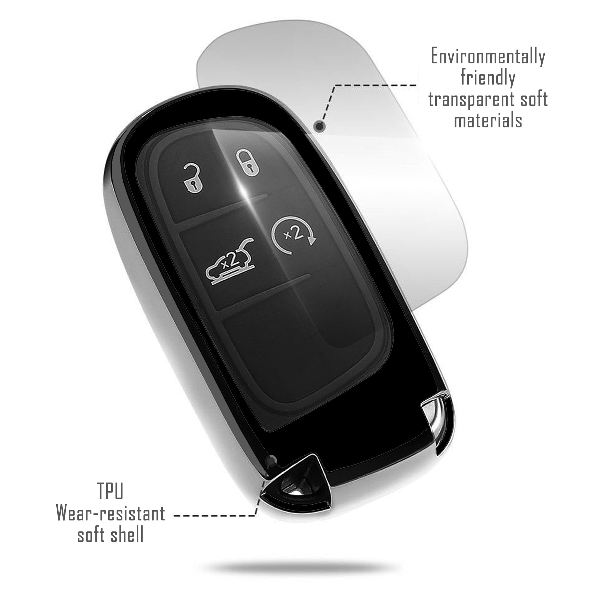 Tandrive Key Fob Cover Compatible With 2025 2024-2015 Jeep Compass Dodge Durango Cherokee Grand Cherokee Renegade Challenger Charger Ram Chrysler 300(3 4 5-Button, Black)