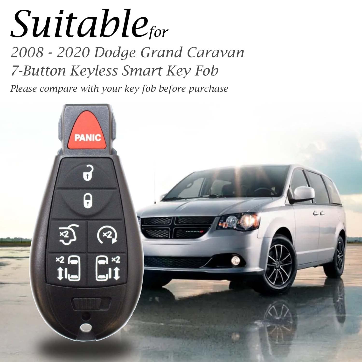 Vitodeco Genuine Leather Smart Key Fob Case Cover Protector With Leather Key Chain Compatible For 2008 - 2020 Dodge Grand Carava