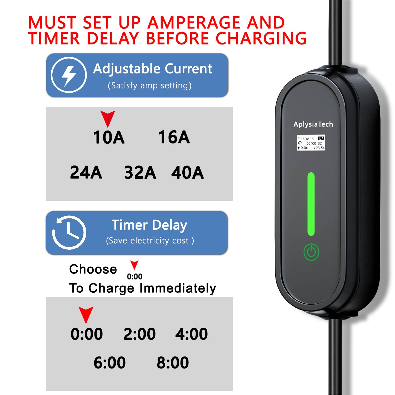 AplysiaTech Level 2 EV Charger, 13/16/24/32/40A Adjustable Plug-in Electric Car Charging Station,Portable EV Charger with 21FT C