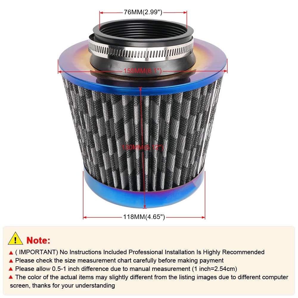 Cold Air Intake Filter, High Performance, Washable Filter, Clamp-On Replacement Air Filter, Flange Diameter 3Inch/76Mm Carbon Fi