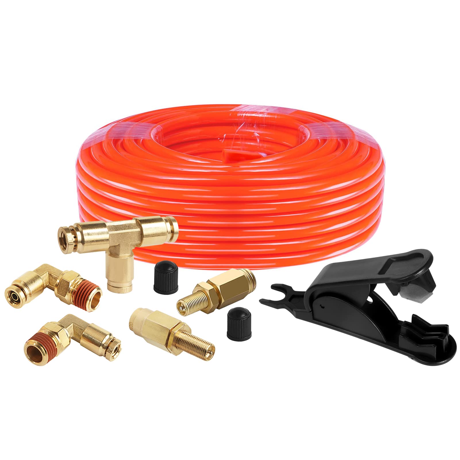 1/4 Dot Air Line Kit For Spring Bag Suspension, Include Truck Trailer Brass Dot Air Brake Line Fittings -Schrader Valves,1/4 Npt Elbow Fitting,Union Tee And And 20 Feet Tubing