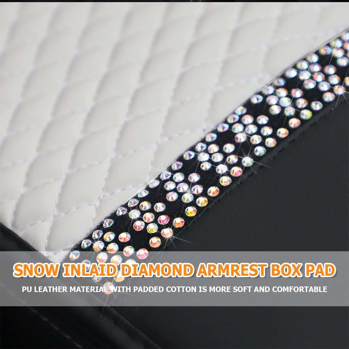 Bling Leather Car Center Console Cover, Car Center Console Protector With Glossy Crystal Rhinestone, Universal Waterproof Car Armrest Seat Box Cover For Most Car, Vehicles, Suvs, Trucks (White)