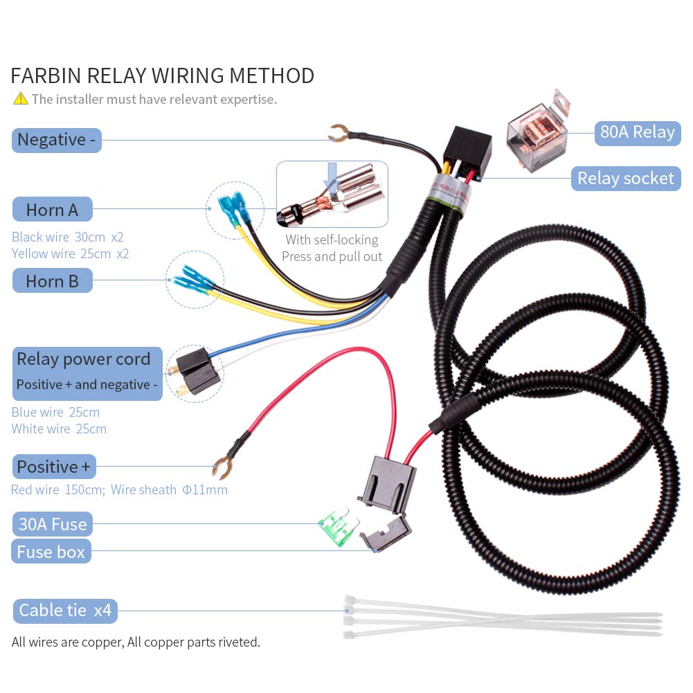 Farbin 12V Car Horn Relay Wiring Harness Kit And Horn Push Button With 3 Meters Wire (Wiring Harness+Red Spot Button, 12V)