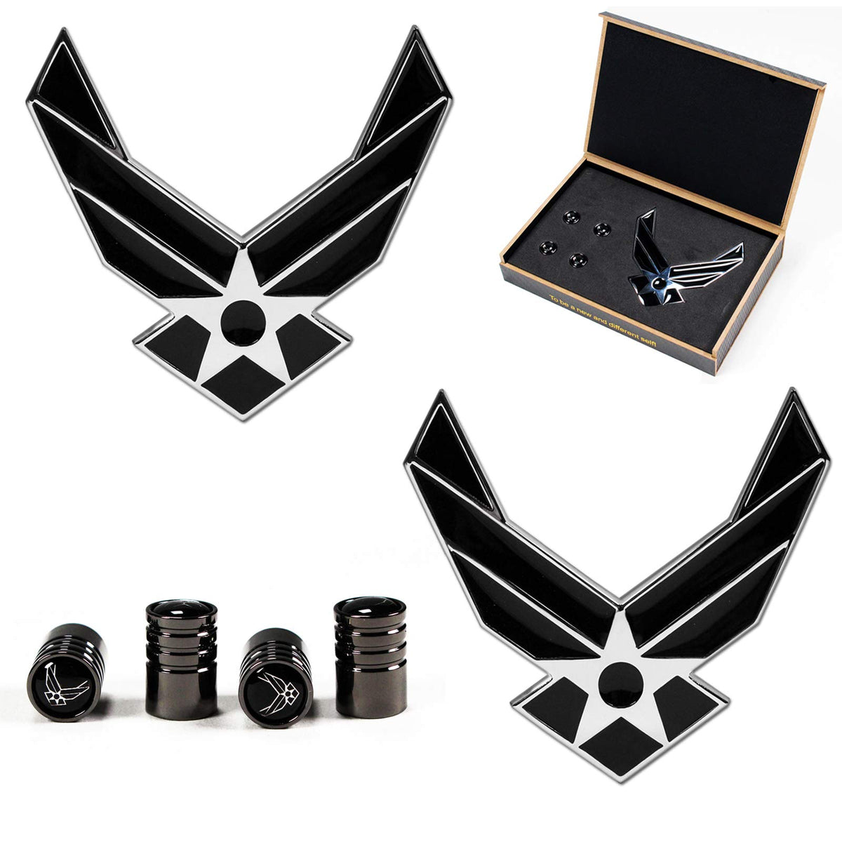 Dsycar 2 Pack Metal U.S. Air Force Wings Black Chrome Auto Emblem Car Sticker And Decal Badge & Bonus 4 Air Force Logo Tire Valve Stem Caps (2 Pack/Black Air Force Emblem)