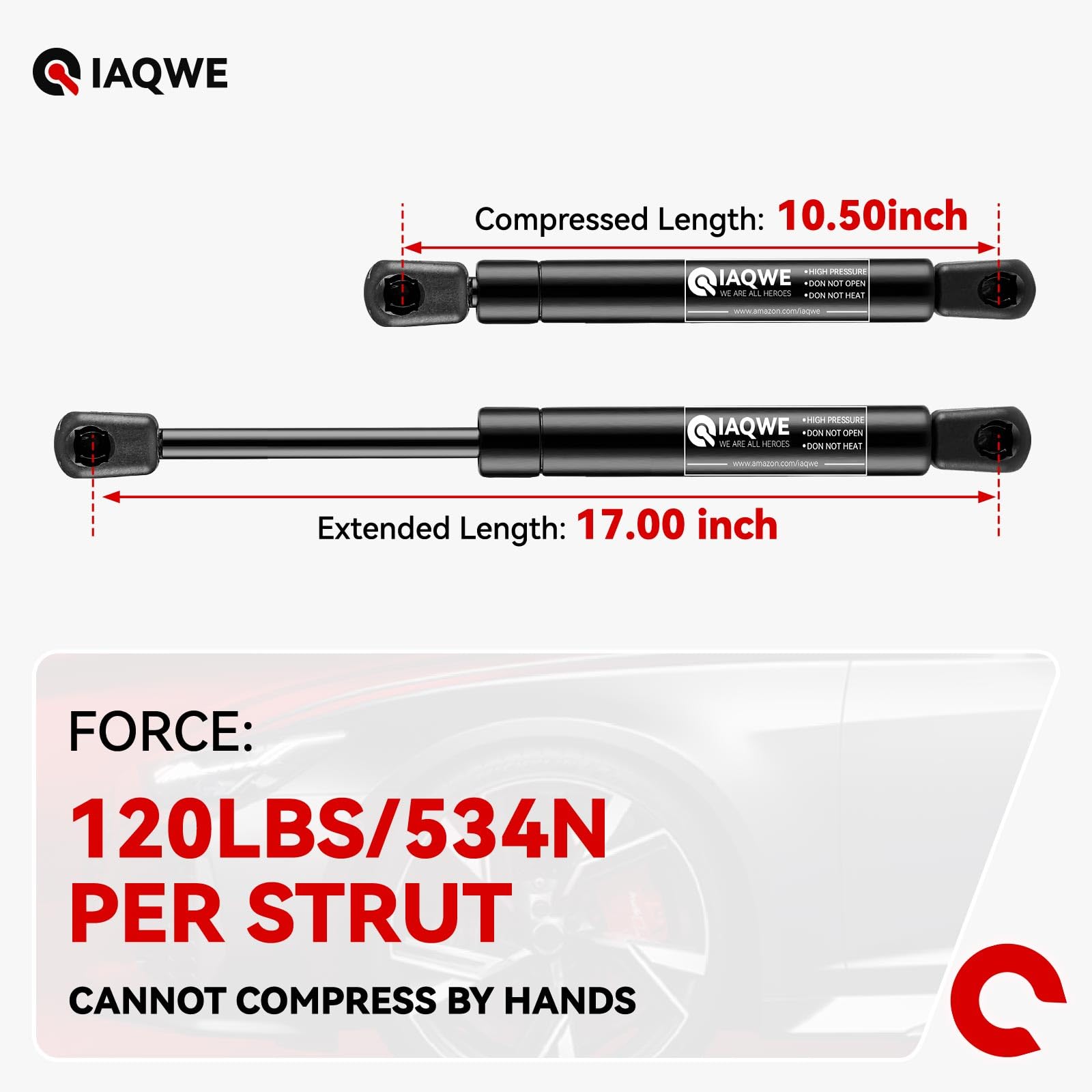 17' 120Lbs/534 N Gas Struts Shock For Leer Are Camper Shell Truck Topper Tonneau Cover Rv Bed Lift Custom Window Floor Hatch Lid Basement Door, 2 Pcs By Iaqwe