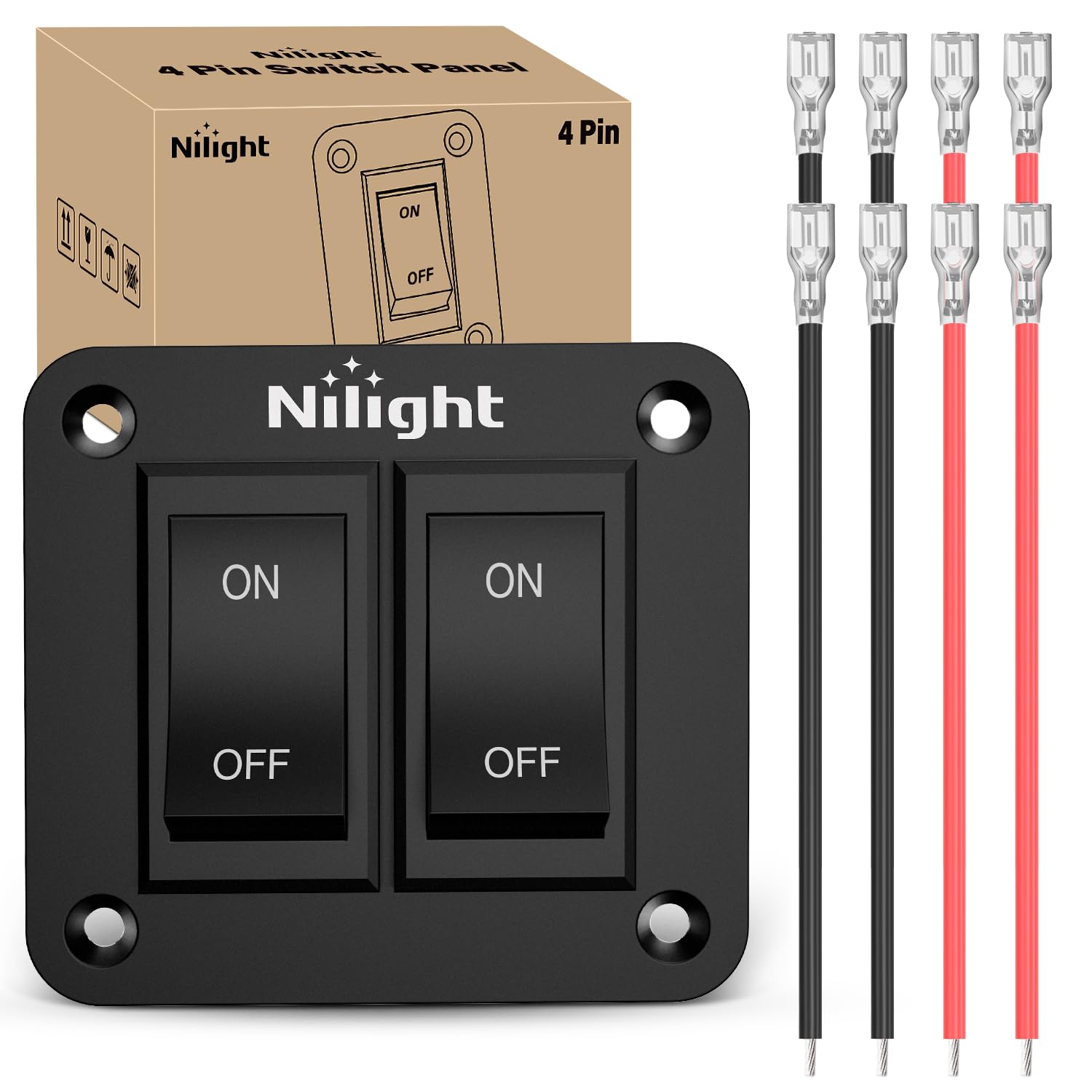 Nilight 2 Gang On-Off Switch Panel 4 Pin Dpst Toggle Switches 12V 20A Black Anodized Aluminium Shell Bracket With Screws Ternima