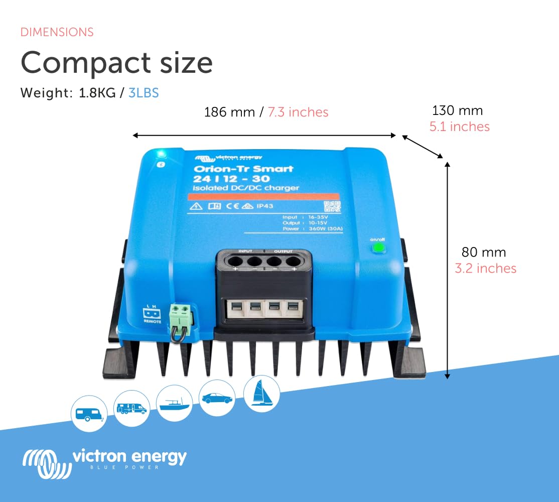 Victron Energy Orion-Tr Smart Dc To Dc Charger (Bluetooth) - 24/12-Volt 30 Amp 360-Watt - Battery Charger For Dual Battery Systems - Isolated