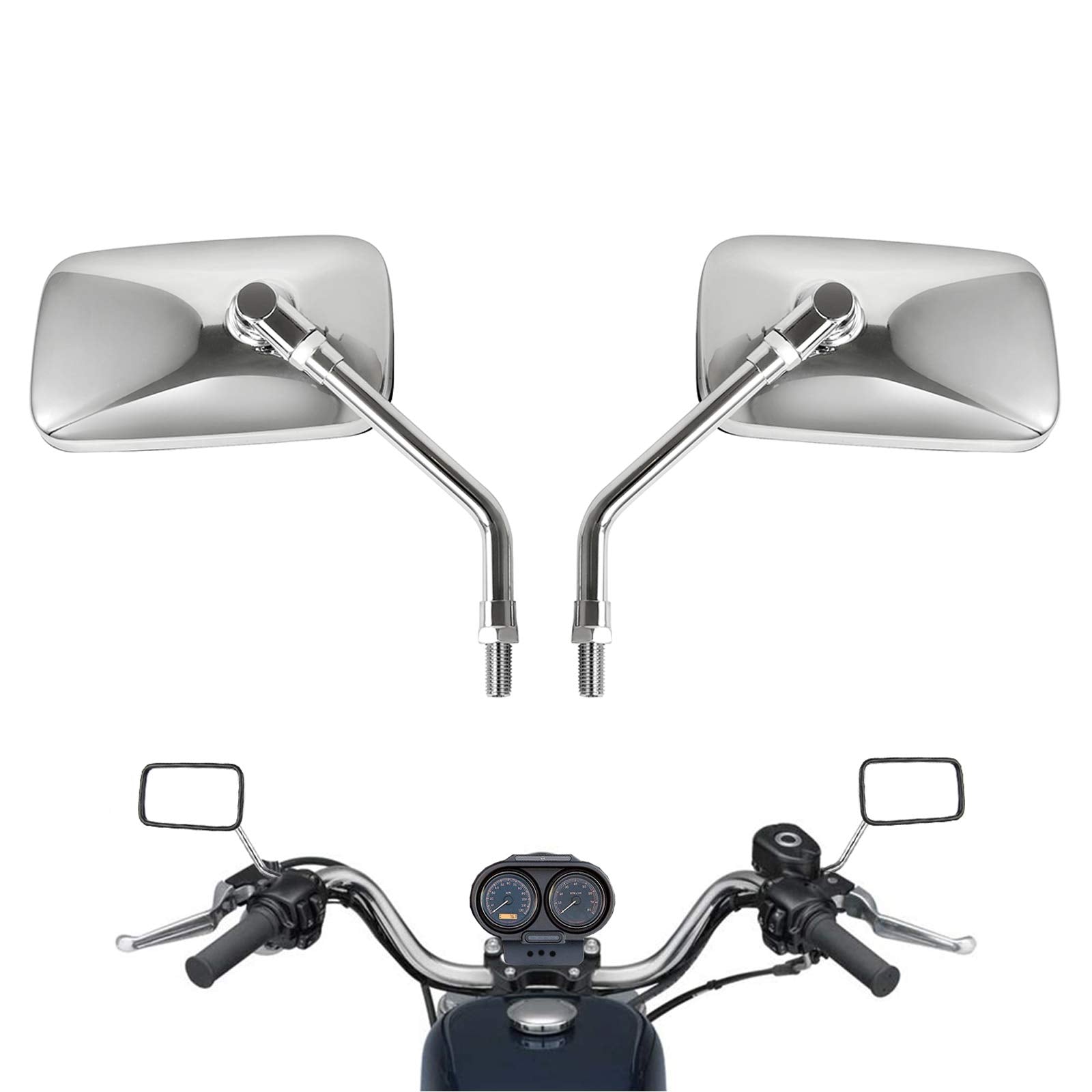 Rawsomes 10mm Chrome Motorcycle Handlebar Rearview Mirrors for Harley Kawasaki Suzuki - Medium Size 125mm x 70mm, Universal Fit