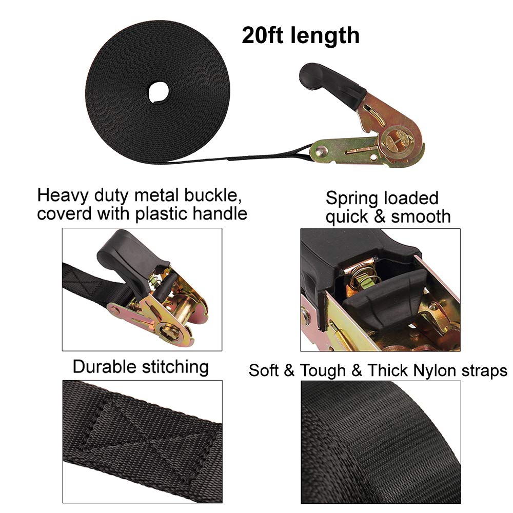 Endless Ratchet Tie Down Straps Heavy Duty Cargo Tie Downs, Durable Nylon Black Strap Down Ratcheting Securing Straps, Track Spring Fittings, Tie-Down Motorcycles, Trailer Loads, Kayak (20Ft - 4Pack)