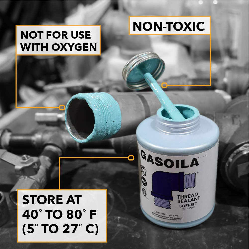 Gasoila Soft-Set PTFE Pipe Thread Sealant – Non-Hardening Paste for Metal & Plastic, 1/4 Pint with Brush Cap – Reliable Leak Prevention, Drip-Resistant, Temp Range -100 to 600°F, Made in USA