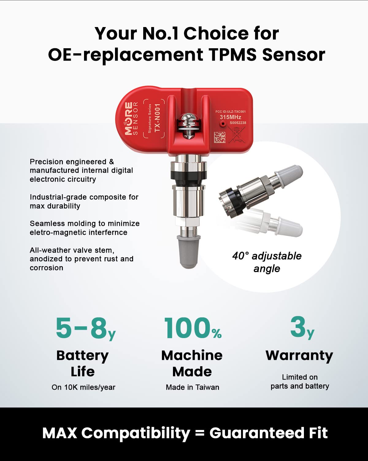Moresensor Signature Series 315Mhz Tpms Tire Pressure Sensor 4-Pack | Preprogrammed For Select 70+ American Brand Models | Repla