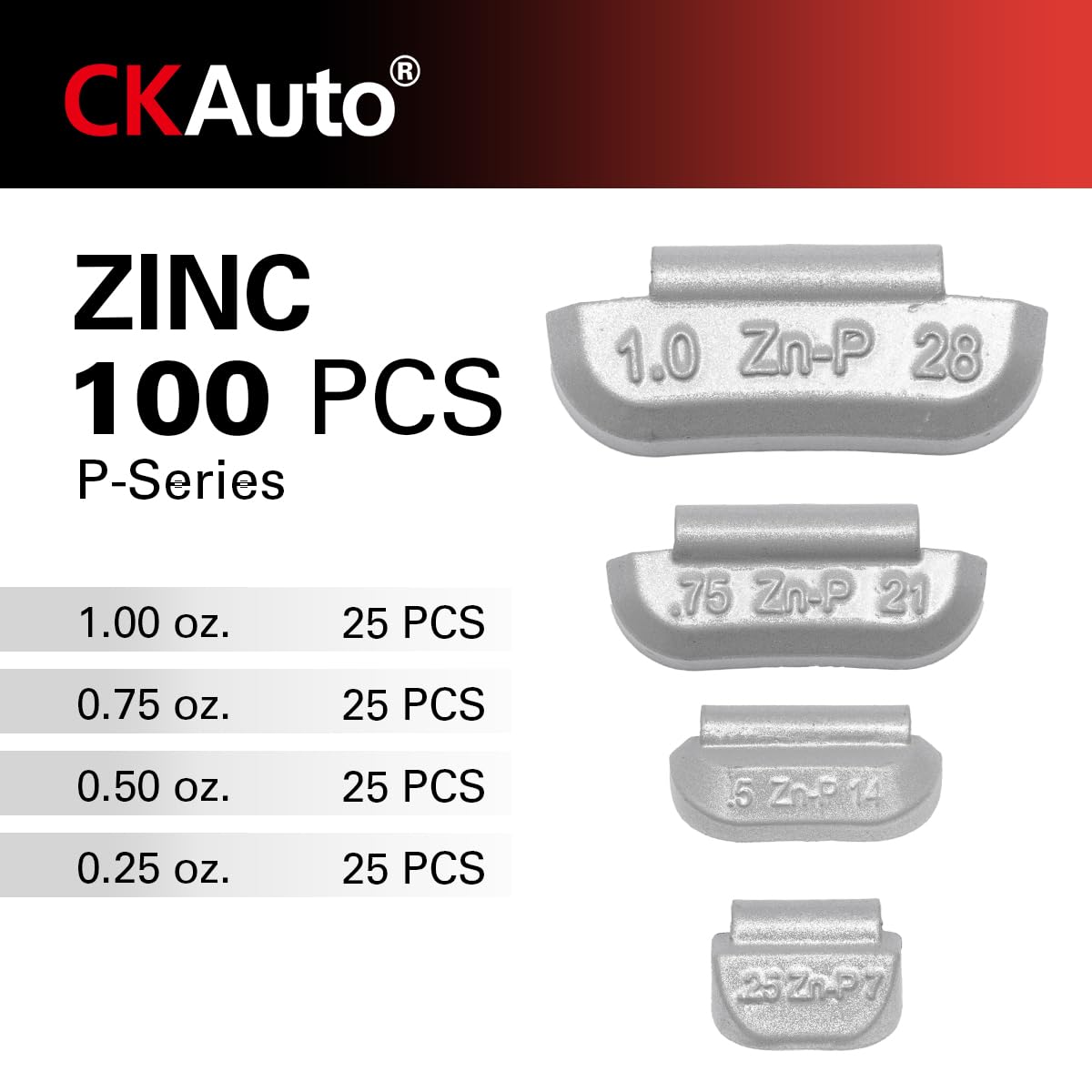 CKAuto 100Pcs P Series Zinc Clip on Wheel Weights Assortment, 0.25oz, 0.5oz, 0.75oz, 1.0oz, 25pcs for Each Size Fit for Steel Wh