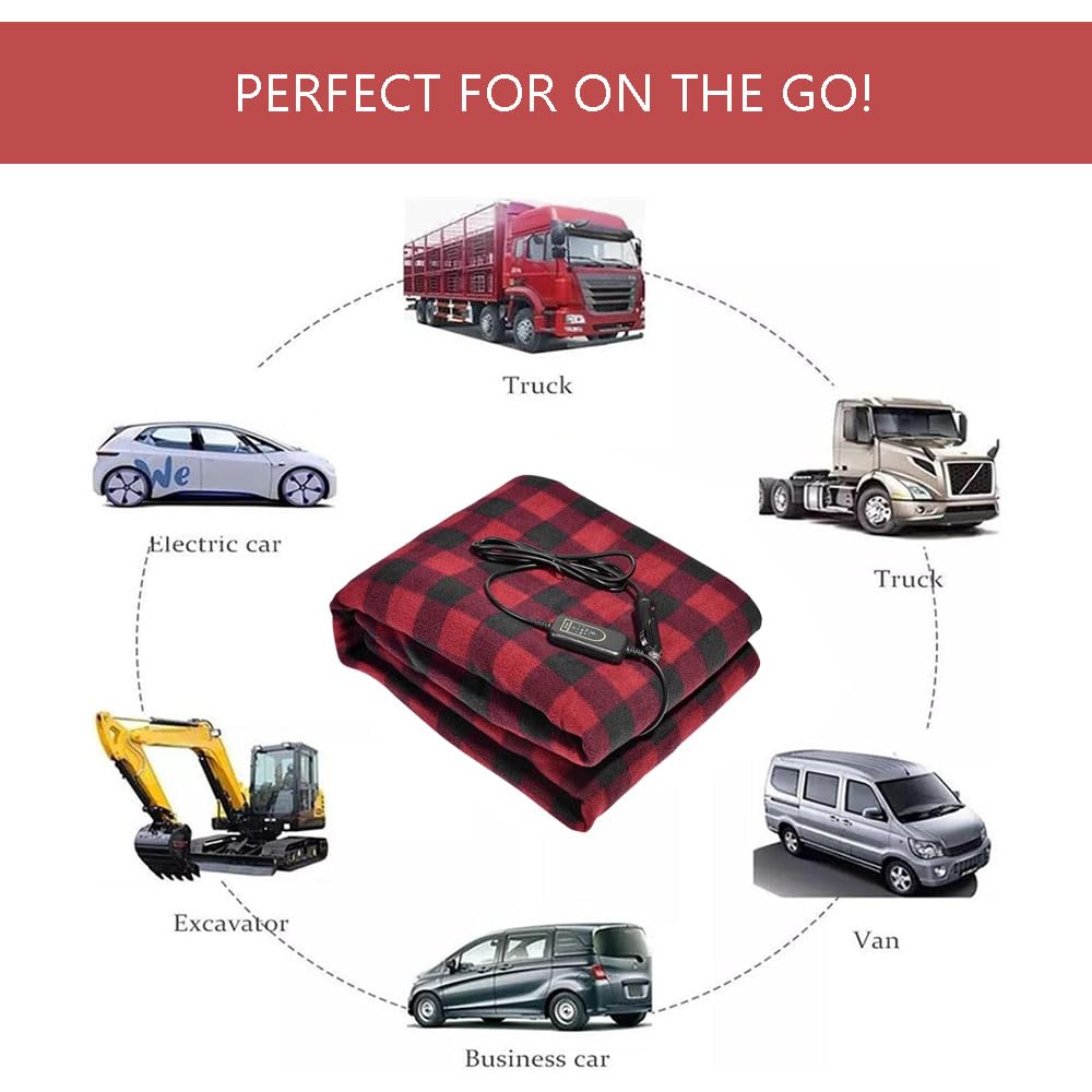 Amazingforless Plaid 12V Heated Fleece Car Blanket With Controller For Timer & Heat Levels Plaid Electric Car Blanket (Navy Plaid)