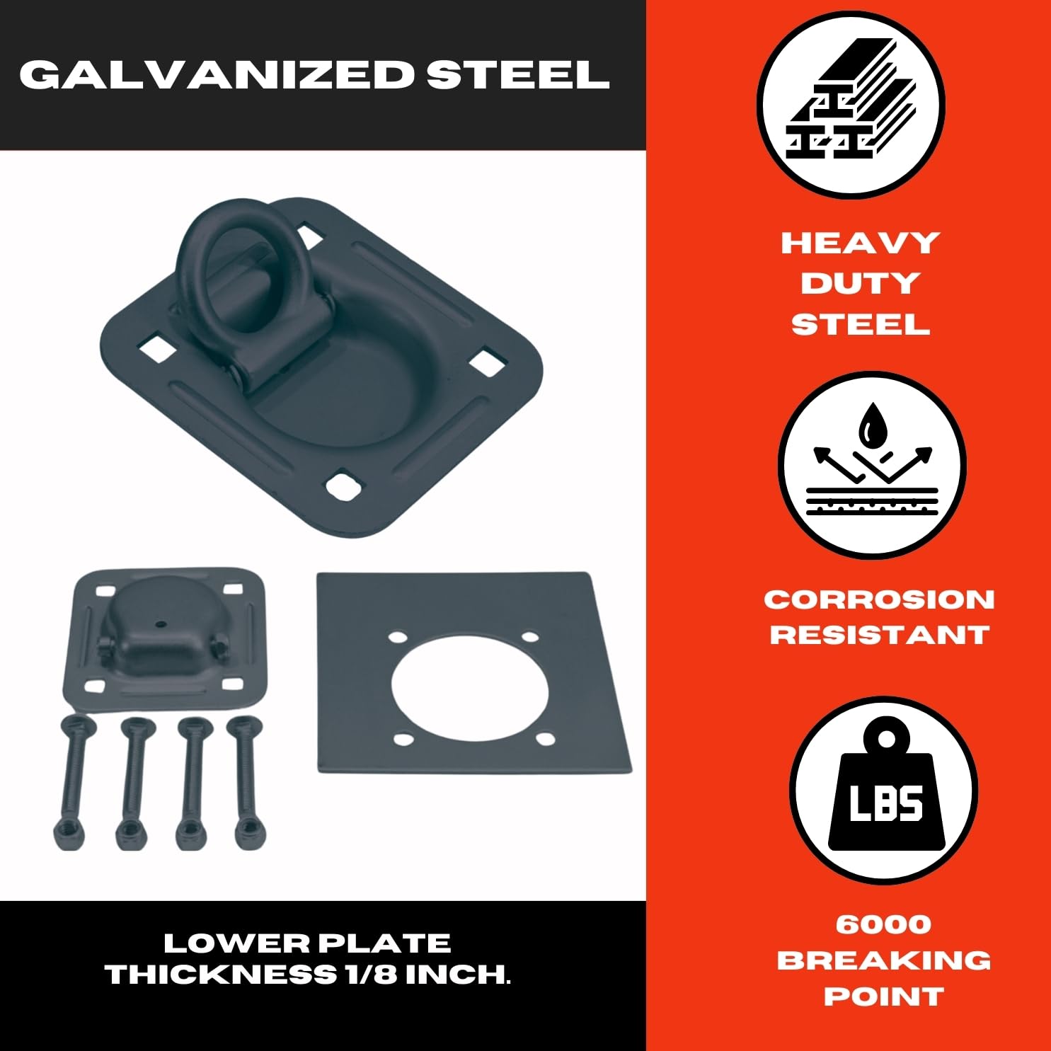 Pit Posse 11005BK-6 Cargo Trailer Recessed Pan D Ring Floor Rope Anchor Tie Down 6,000 lbs Breaking Strength - Flush Mount - Inc
