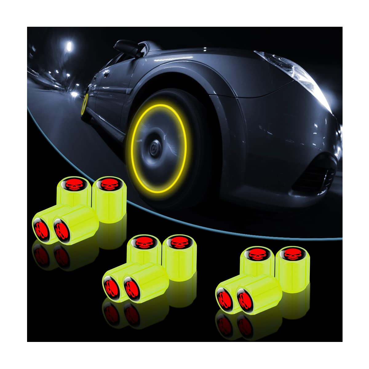 12Pcs Fluorescent Skull Tire Valve Stem Caps, Car Corrosion Resistant Wheel Valve Cover, Luminous Illuminated Skull Glow In The 