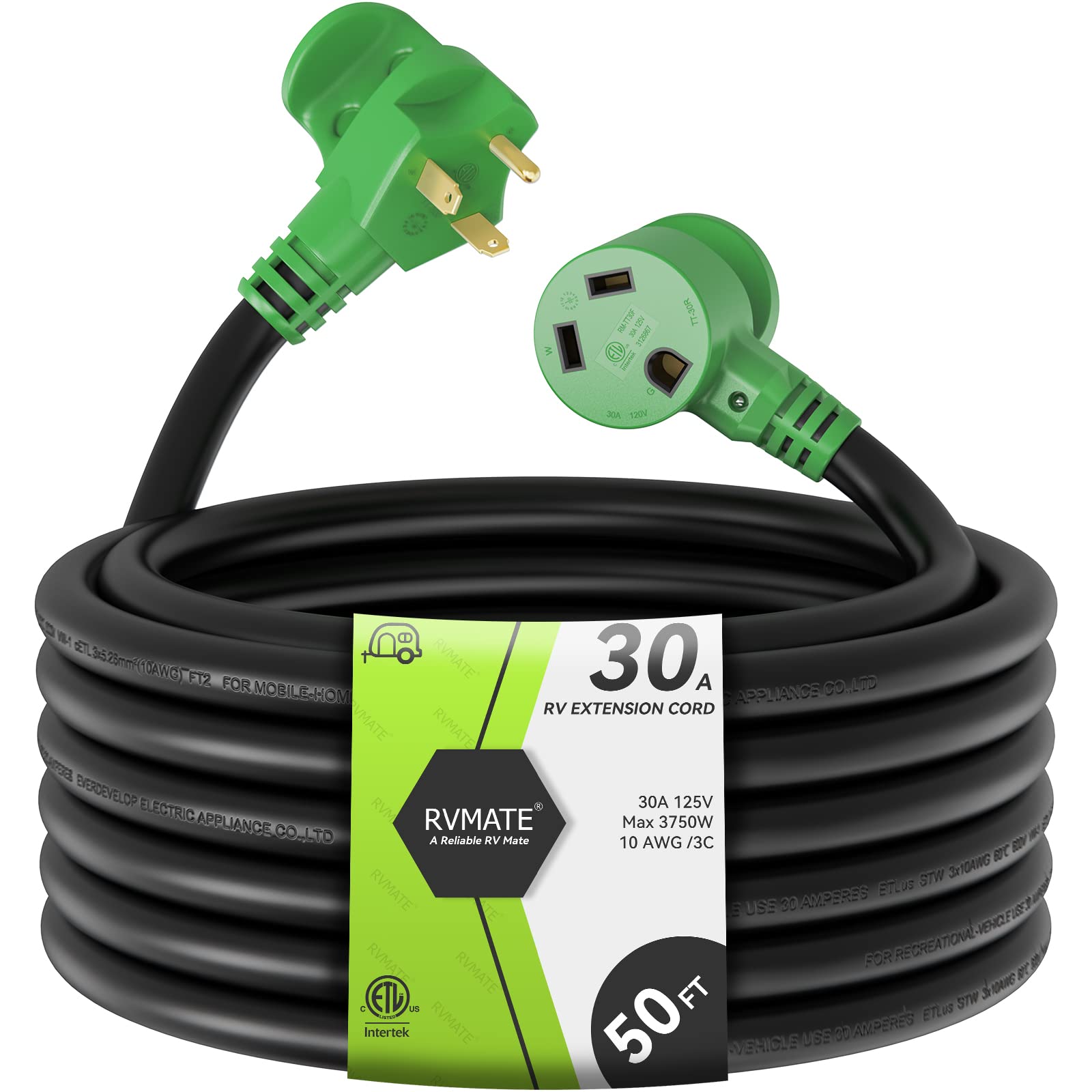 Rvmate 30 Amp 50 Feet Rv Power Extension Cord With Easy Plug-In Handle, Tt-30P To Tt-30R, Led Indicator, 10 Awg, Etl Listed