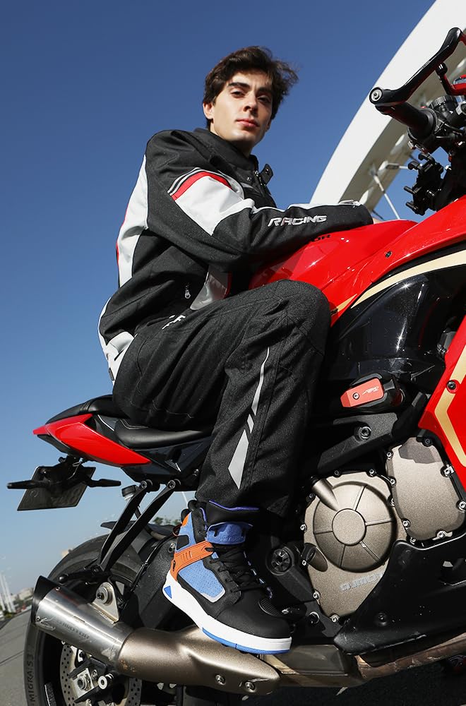 Bofucn Motorcycle Leather Boots,Street Riding Shoes,Anti-Slip Side Zipper Shoes For Men And Women (Black/Blue, Adult, 12 Men/13.