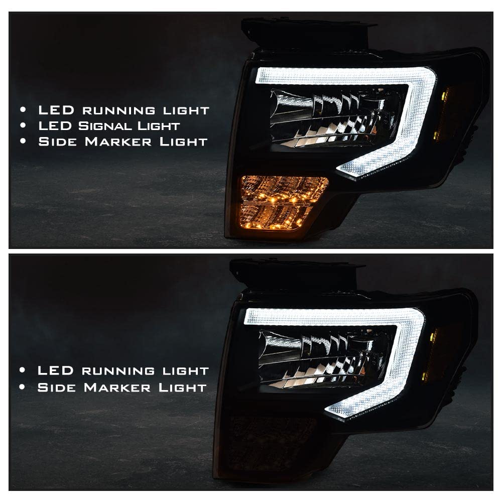 Pit66 Led Headlight Assembly Compatible With Ford F150 2009 2010 2011 2012 2013 2014, Driver & Passenger Clear Lens Black Housin