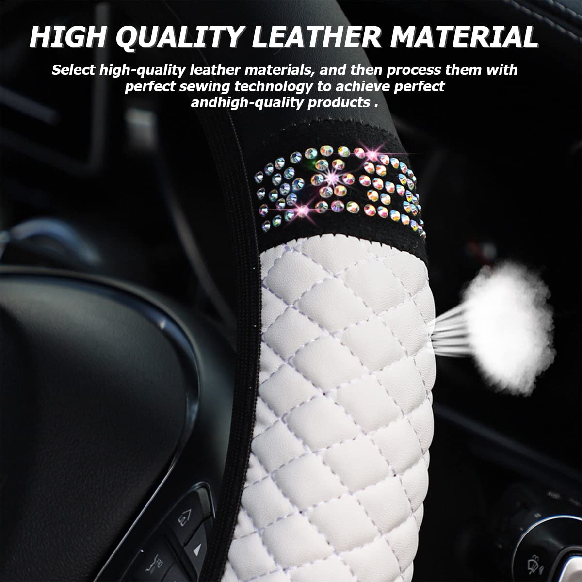 Bling Leather Steering Wheel Cover, Colorful Rhinestones Elastic Steering Wheel Protector, Pu Soft Leather With Crystal Diamond, Sparkling Car Accessories For Most Cars (White)