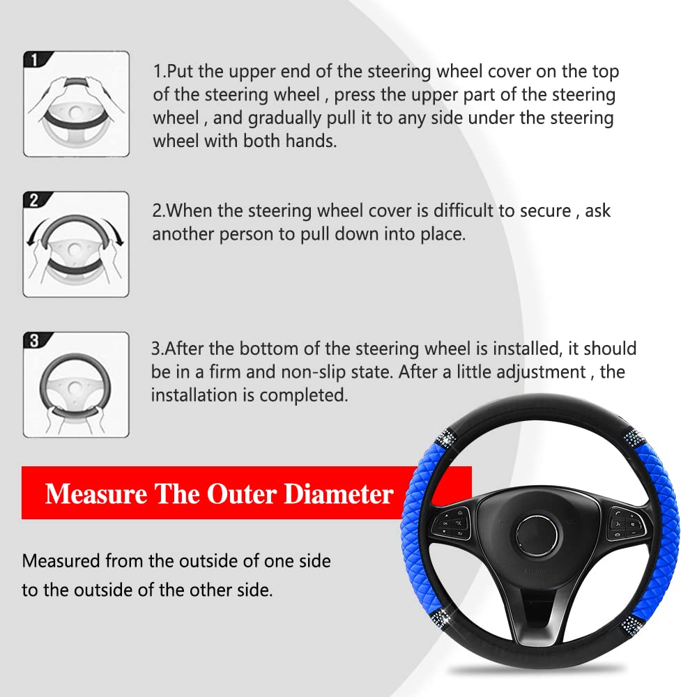 Bling Soft Leather Steering Wheel Cover, Anti-Slip Car Steering Wheel Protector, 15 Inch Rhinestones Soft Leather Elastic Steeri