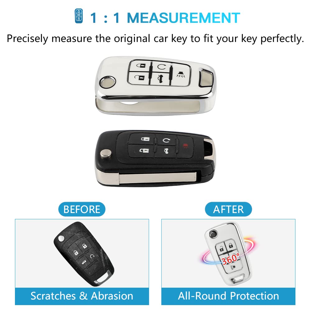 1797 For Chevy Chevrolet Key Fob Cover Malibu Camaro Cruze Equinox Impala Accessories Bling Car Remote Key Chain Case Shell Protector 5 Button Girly Cute White Silver Tpu