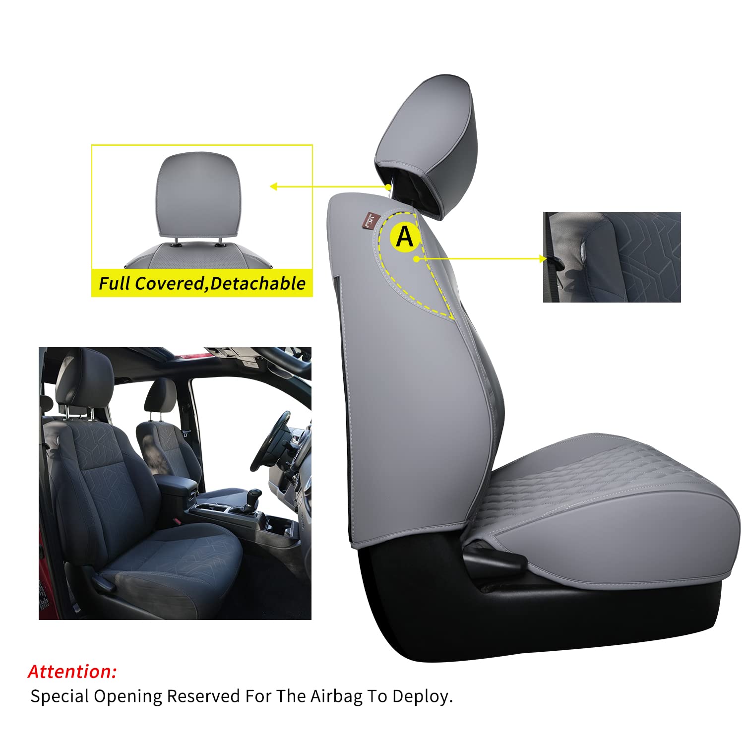 Luckyman Club Tacoma Full-Set Seat Covers P04-Hy, Fit Tacoma 2016 2017 2018 2019 2020 2021 2022 2023 Double/Crew Cab Only, With Faux Leather (Full Set, Gray)