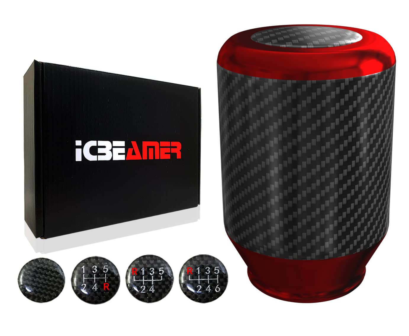 ICBEAMER Red Aluminum w/ 100% Real Carbon Fiber 2.5'' Shift Knob for Buttonless Automatic and 4, 5 and 6 Speed Manual Transmissi