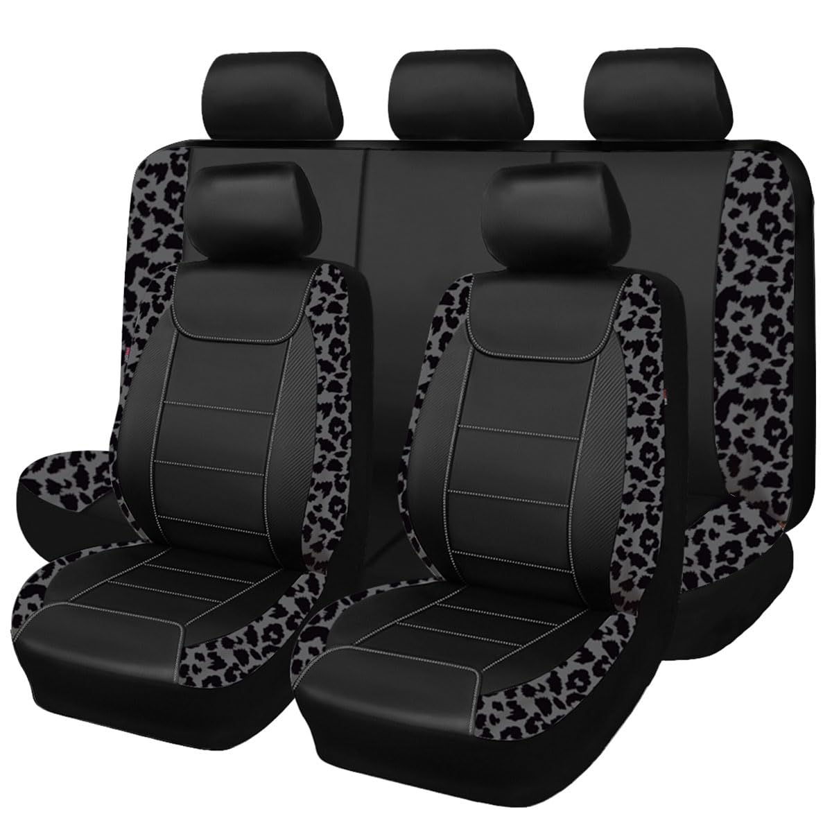Flying Banner Carbon Fiber Leather Vehicle Seat Covers, Leopard Gray Black, Universal Fit - 8Pcs