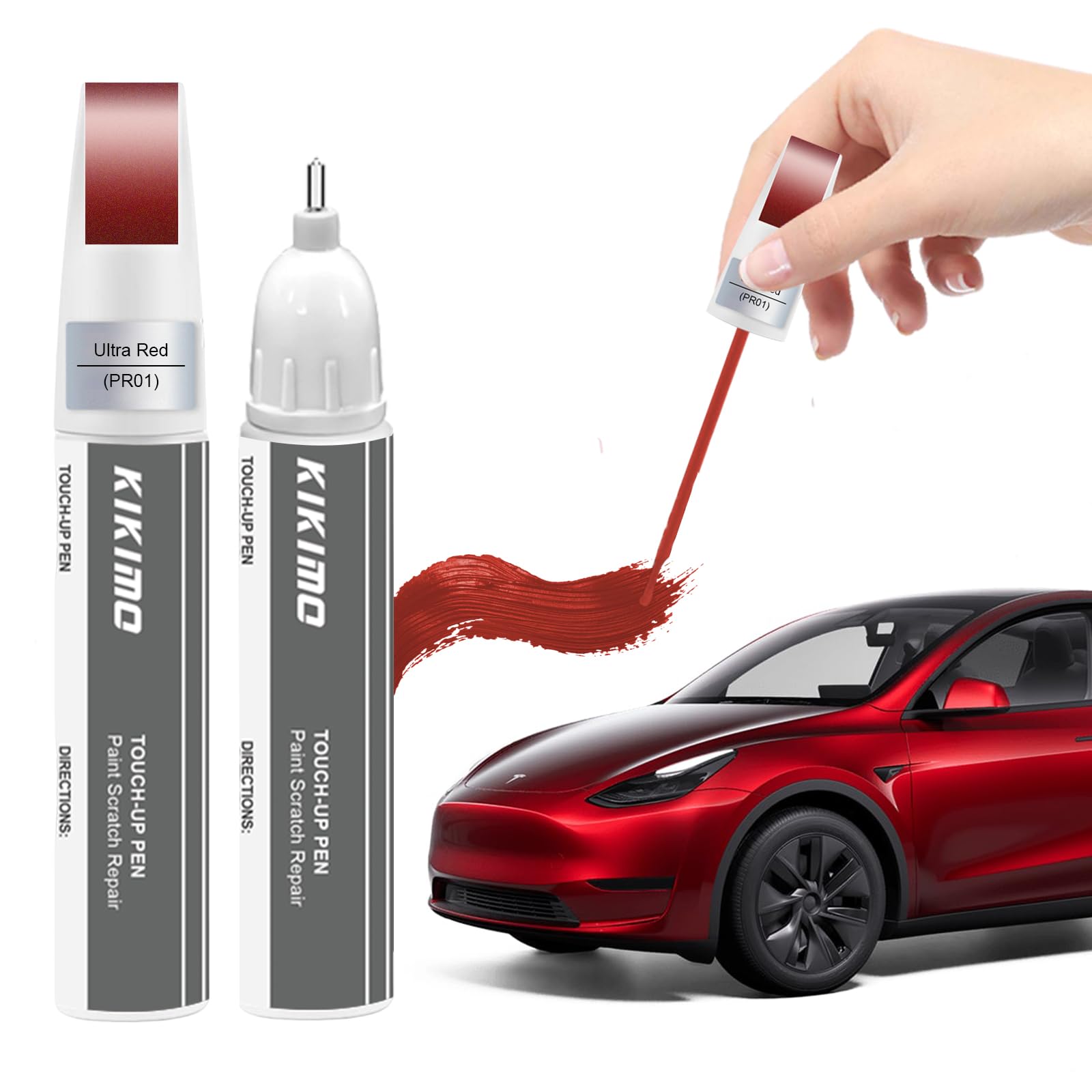 KIKIMO for Tesla Touch Up Paint(Ultra Red(PR01)), Car Paint Repair Kit for Tesla Model Y/3/S/X, 2 In 1 Scratches Repair with Pen