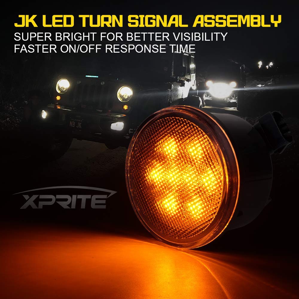 Xprite Amber Clear Lens Led Turn Signal Lights Plug & Play Assembly With Parking Funtion Compatible With 2007-2018 Jeep Wrangler