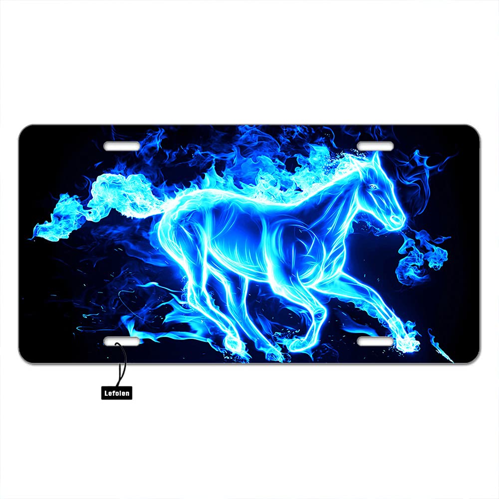 Lefolen Blue Fire Horse Car Front License Plates Galaxy Magic Animal Forest Race Mane Wildlife Flame Black Aluminum Metal Car Ta
