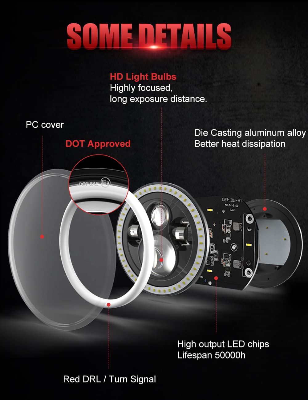 Uni-Shine 7 Inch Red Halo Led Headlight Hi/Lo Beam With Amber Turn Signal 2Pcs 7 Inch Led Headlight Dot Round H6024 Led Headligh