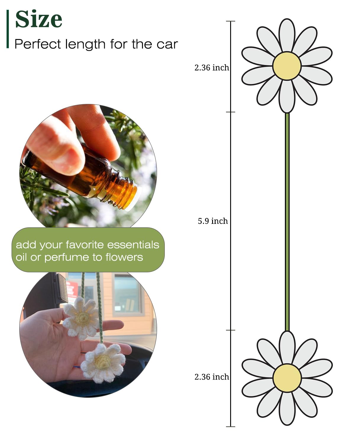 Crochet Daisy Car Accessories for Women Girls Cute Rear View Mirror Hanging Charms Handmade Daisy Flower Gifts for Crochet Lover