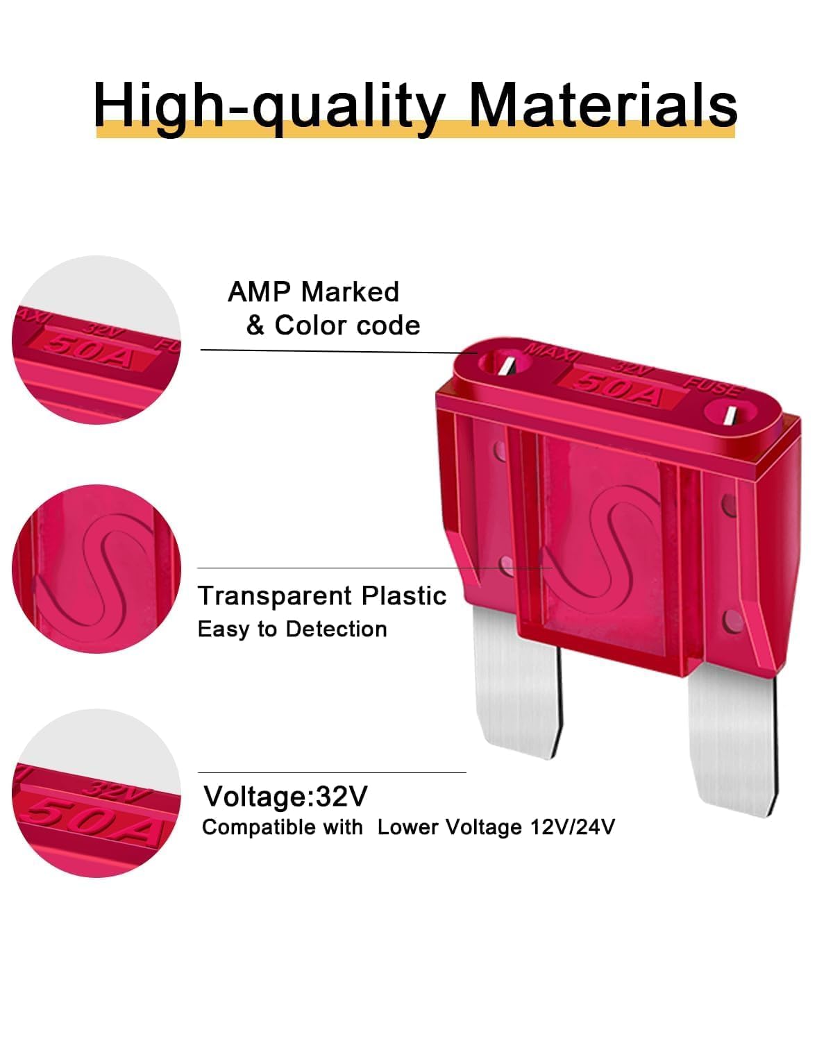 10Pcs 50Amp Maxi Fuses - 50A 32V Automotive Blade Fuse For Auto, Car, Rv, Boat, Truck