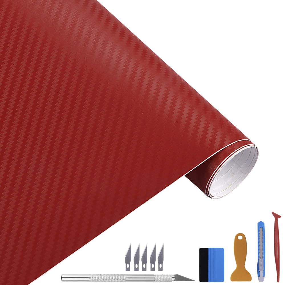 LZLRUN 3D Red Carbon Fiber Vinyl Wrap with Air Release - Outdoor Rated for Automotive Use - 5ft x 10ft