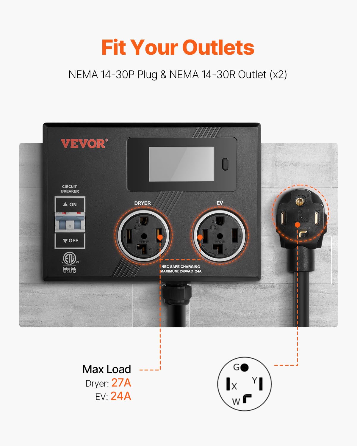 VEVOR NEMA Splitter for Dryer and EV, 240V Power Distribution, NEMA 14-30 Plug, Dual Outlets, Model LV02