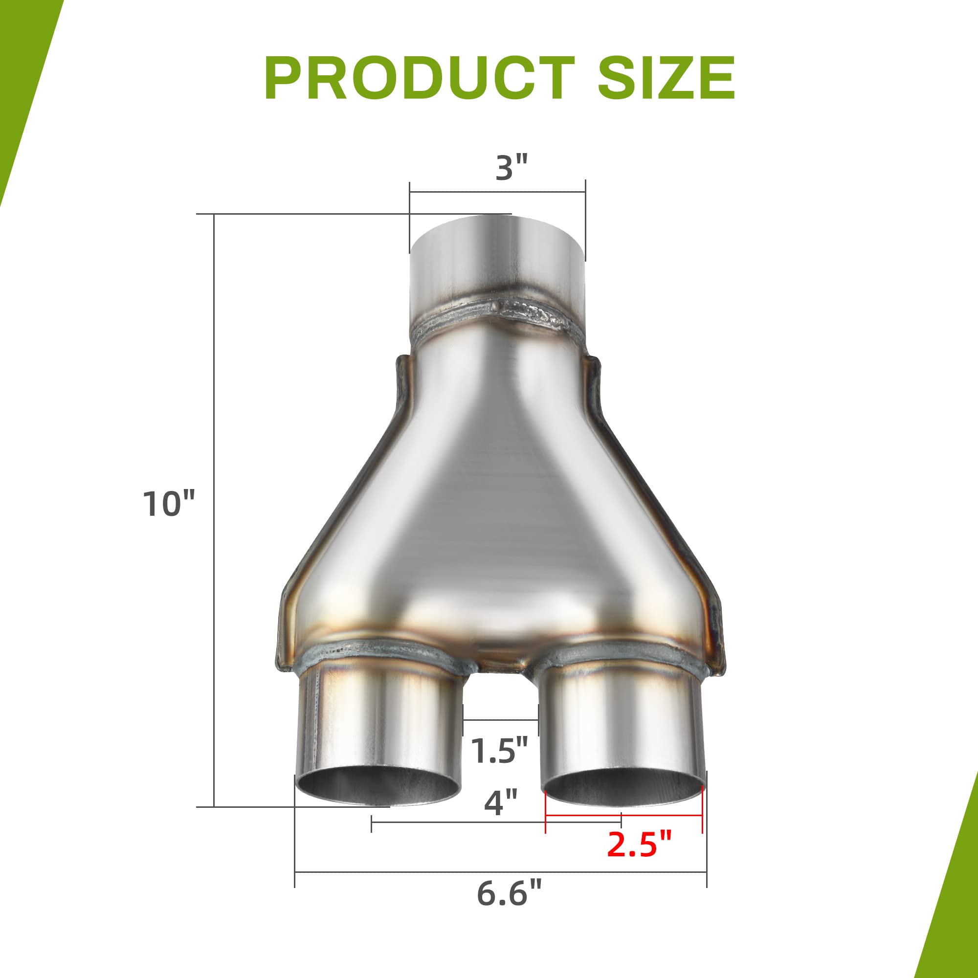 Autosaver88 Stainless Steel 3 Inch Exhaust Y Pipe, 3'' Single To 2.5'' Dual Exhaust Adapter Connector, 10'' Overall Length, Univ