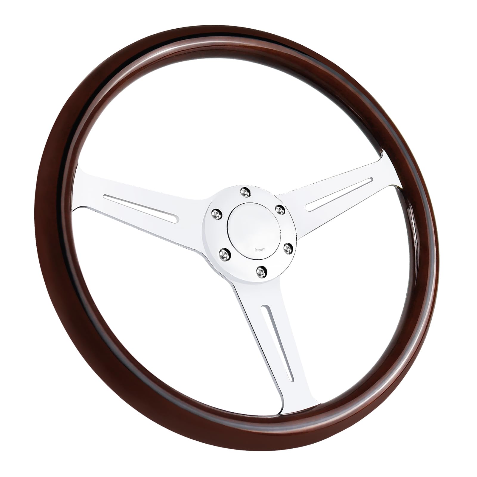 QYMOPAY 14'' Woodgrain Racing Steering Wheel Vintage Nostalgic Style 6-Bolt Steering Wheel with Horn Buttons - Plated Spokes