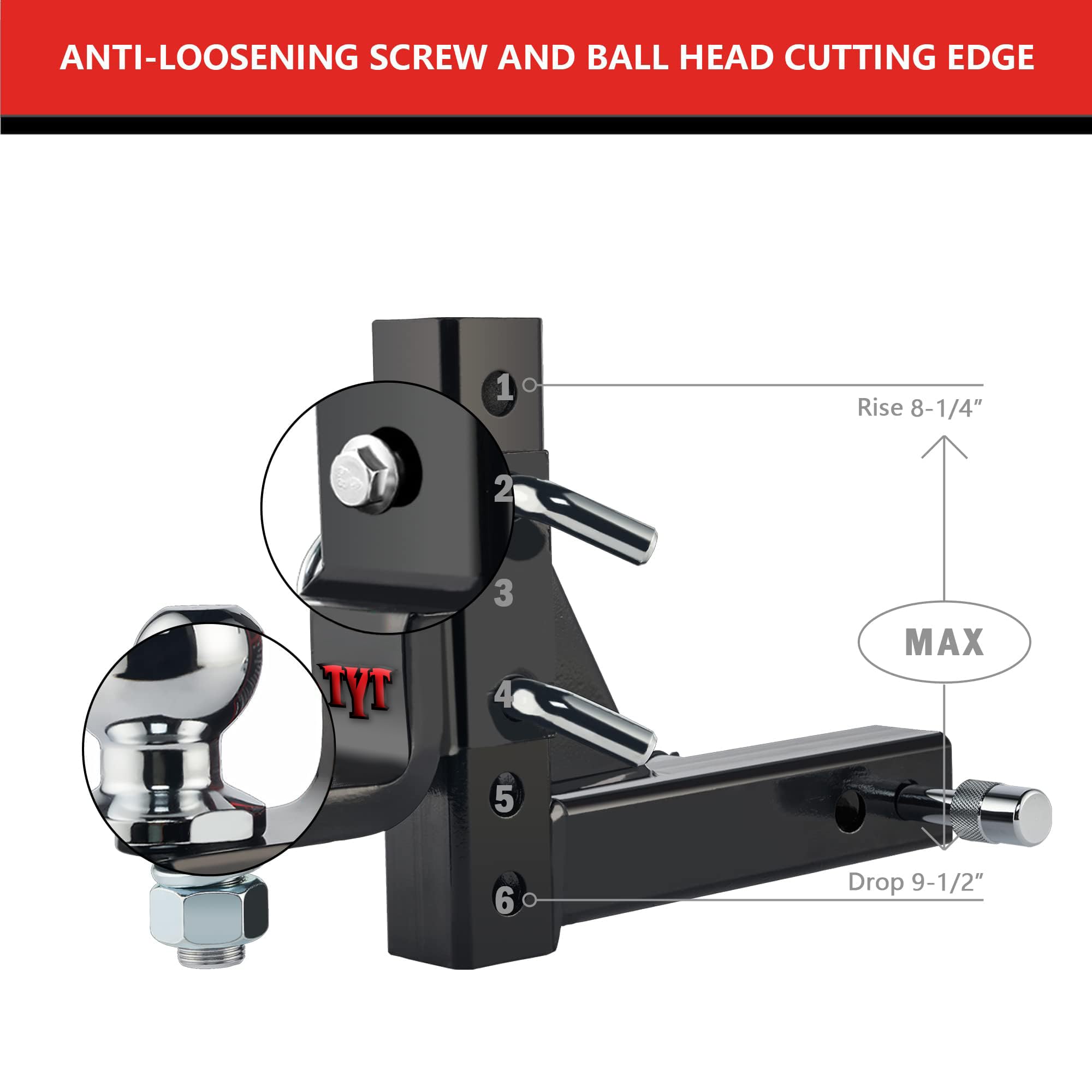 Tyt Adjustable Trailer Hitch Ball Mount, 2'' Towing Ball 7500 Lbs, 9-1/2'' Drop And 8-1/4'' Rise, Fits 2-In Receiver With 2 Pin&