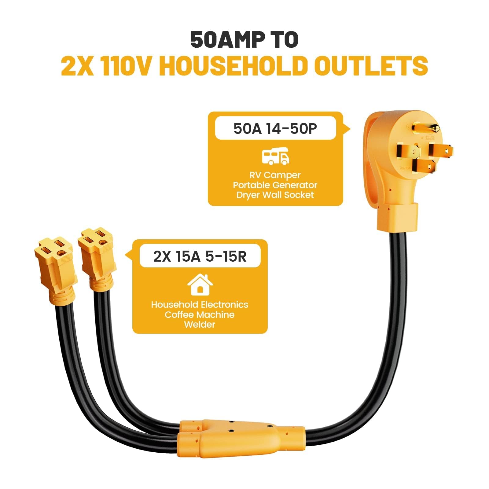 Mecmo 50 Amp To (2)X 110V 15 Amp Household Outlet Rv Y Adapter Power Cord, 10/3 Stw Nema 14-50P Male Plug To Two 5-15R Female El