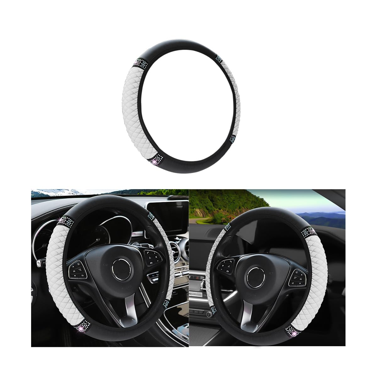 Bling Leather Steering Wheel Cover, Colorful Rhinestones Elastic Steering Wheel Protector, Pu Soft Leather With Crystal Diamond, Sparkling Car Accessories For Most Cars (White)