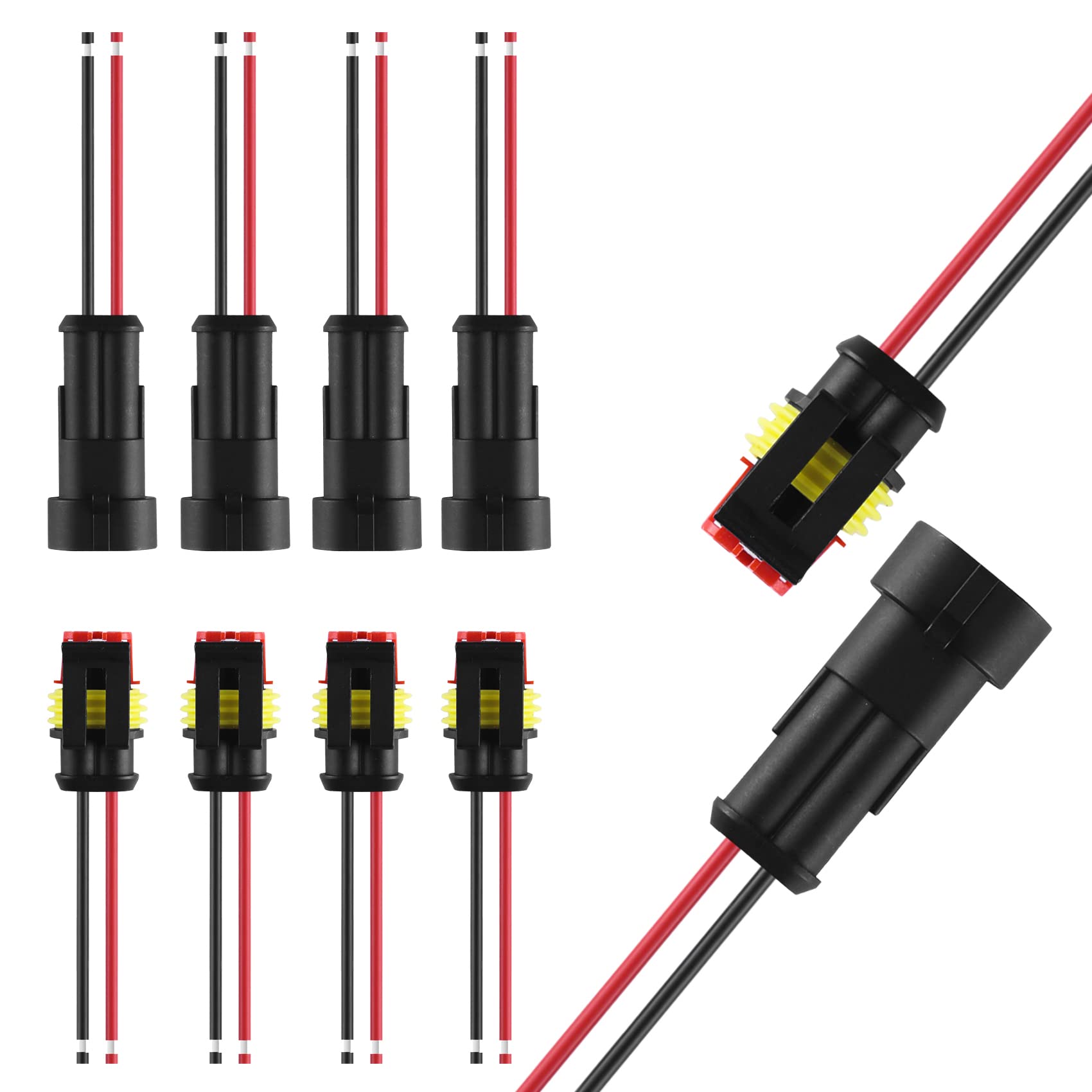Muyi 2 Wire Connector 16Awg 5 Kits 2 Pin Waterproof Connectors With 10Cm Pigtail 1.5Mm Series Rubber Seal And Electrical Termina