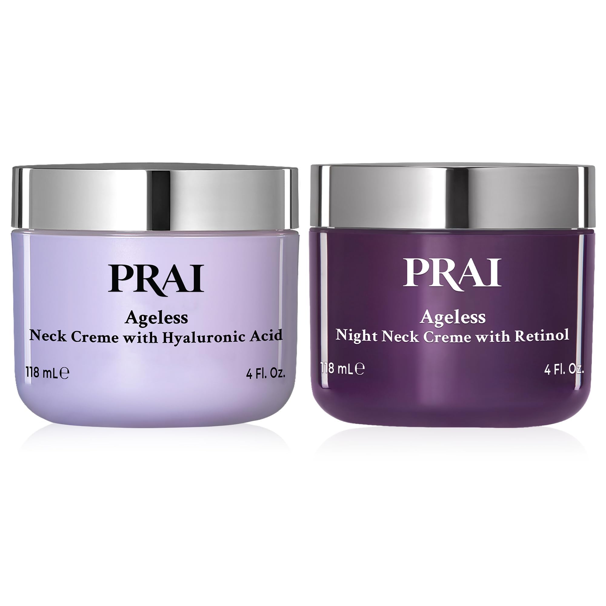 PRAI Beauty Ageless Day and Night Neck Creme Set | 1 Throat & Decolletage Day Creme and 1 Throat & Decolletage Night Creme | Skin Tightening Cream Set for Instantly Ageless Neck | 4.0 Oz Each-New