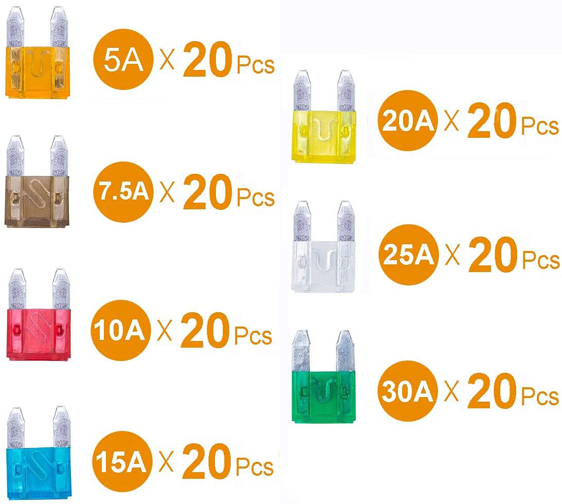 140 Pcs - Mcigicm Car Mini Blade Atm Fuse Assortment, 5A 7.5A 10A 15A 20A 25A 30A Mini Fuse