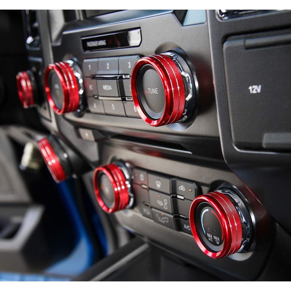 Keptrim For F150 Air Conditioner Switch & Trailer & 4Wd & Vol Knob Button Trim For Ford F150 Xlt 2016 2017 2018 2019, Red Alumin