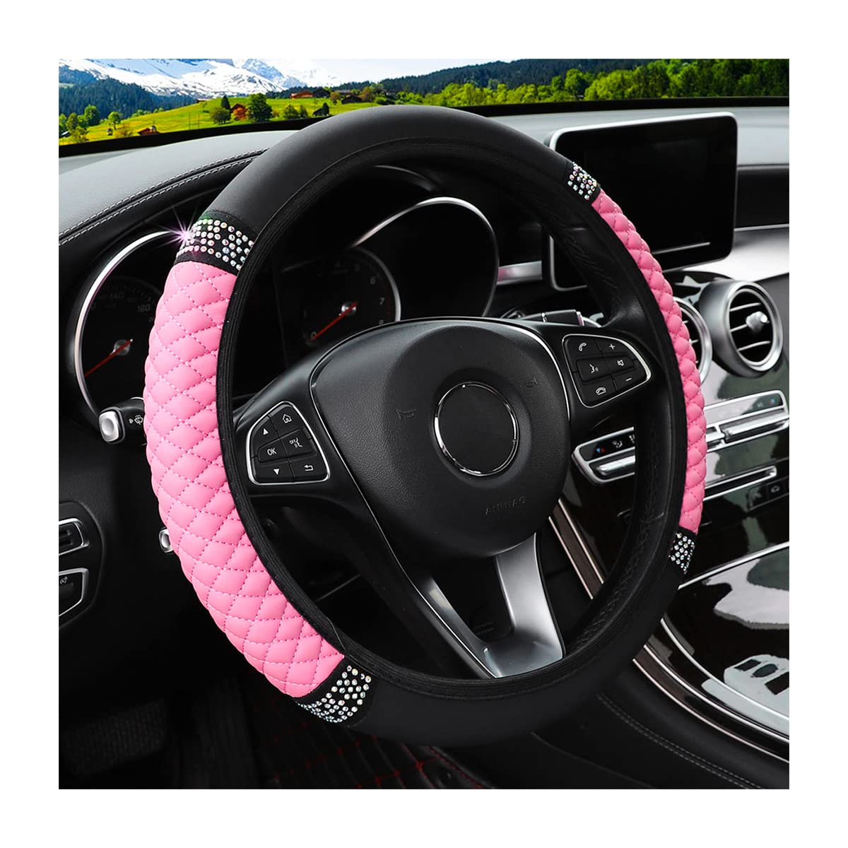 Bling Leather Steering Wheel Cover, Colorful Rhinestones Elastic Steering Wheel Protector, Pu Soft Leather With Crystal Diamond, Sparkling Car Accessories For Most Cars (Pink)