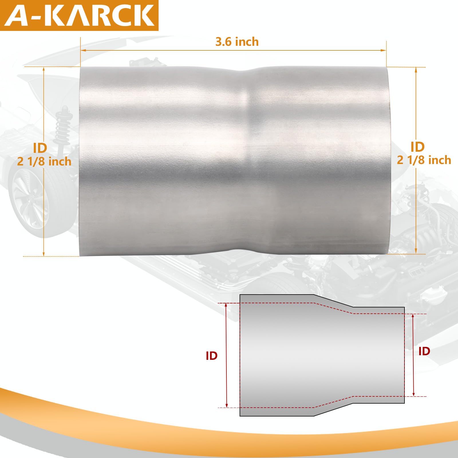 A-KARCK Stainless Steel Exhaust Adapter 2 1/8'' ID to 2 1/8'' ID, Engine Exhaust Pipe Reducer 3.6'' Overall Length