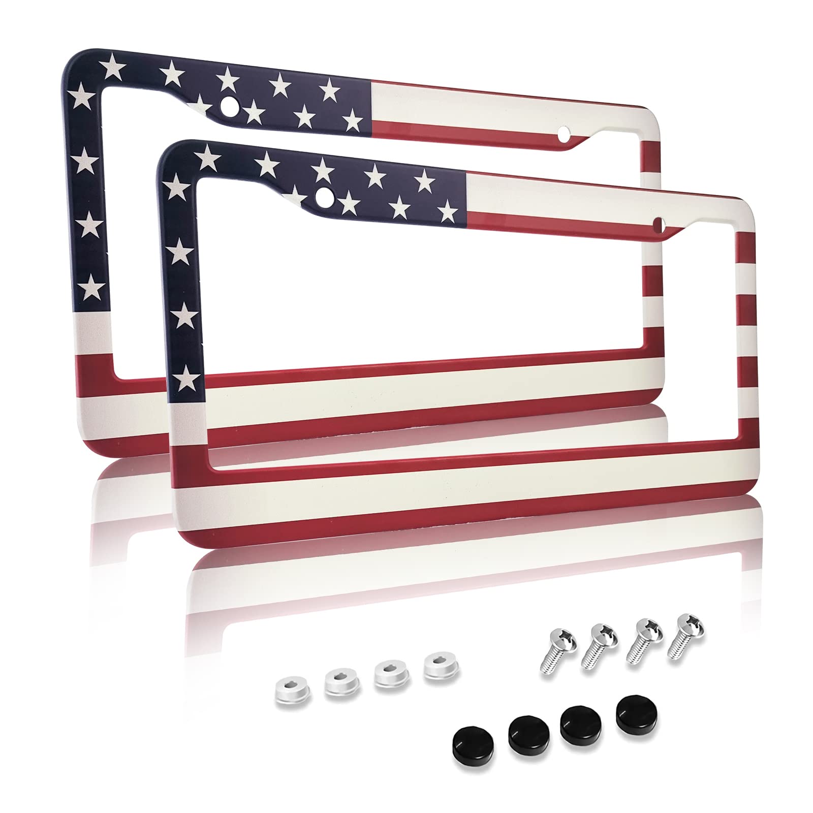 American Flag License Plate Frame,Patriotic License Plate Frame ,Flag License Plate Frame Us Car Tag Frames Holders Covers Stainless Aluminum 2 Pack 2 Holes Car Accessories Decorative Set For 2Pcs Men